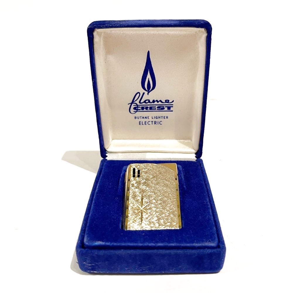 Vintage Flame Crest Electric Light Gold Tone Metal Star Blue Velvet Case Box